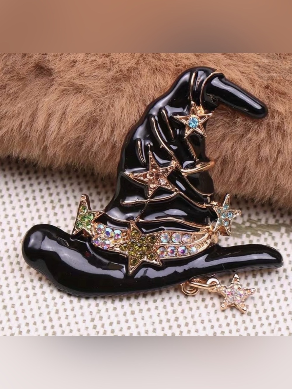 Black Witch Hat Crystal Star Brooch - Halloween Ready